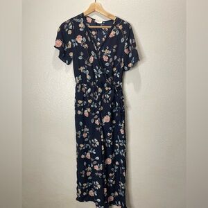 Floral Wrap Women’s Jumpsuit- Navy with Pink Floral Size Small